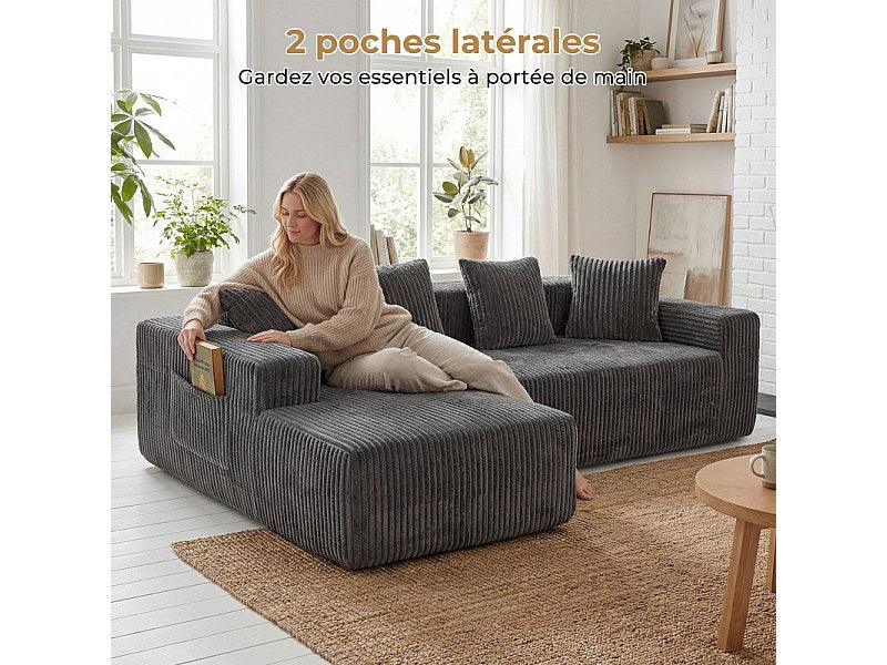 Méridienne pour canapé modulable 3 places gris velours