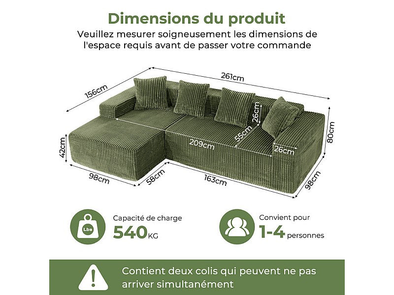 Méridienne pour canapé modulable 3 places vert velours