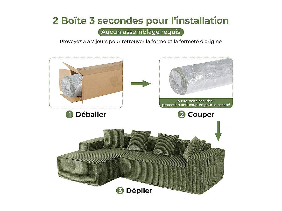 Méridienne pour canapé modulable 3 places vert velours