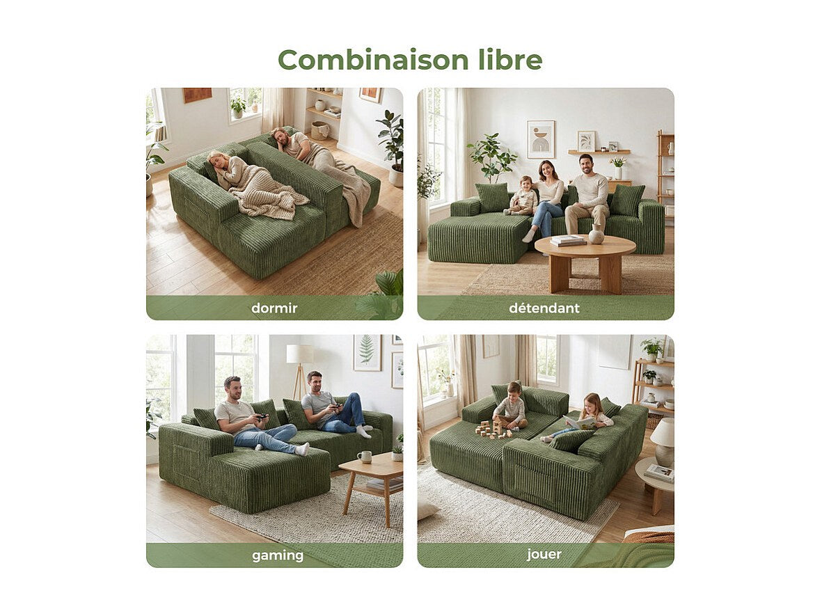Méridienne pour canapé modulable 3 places vert velours