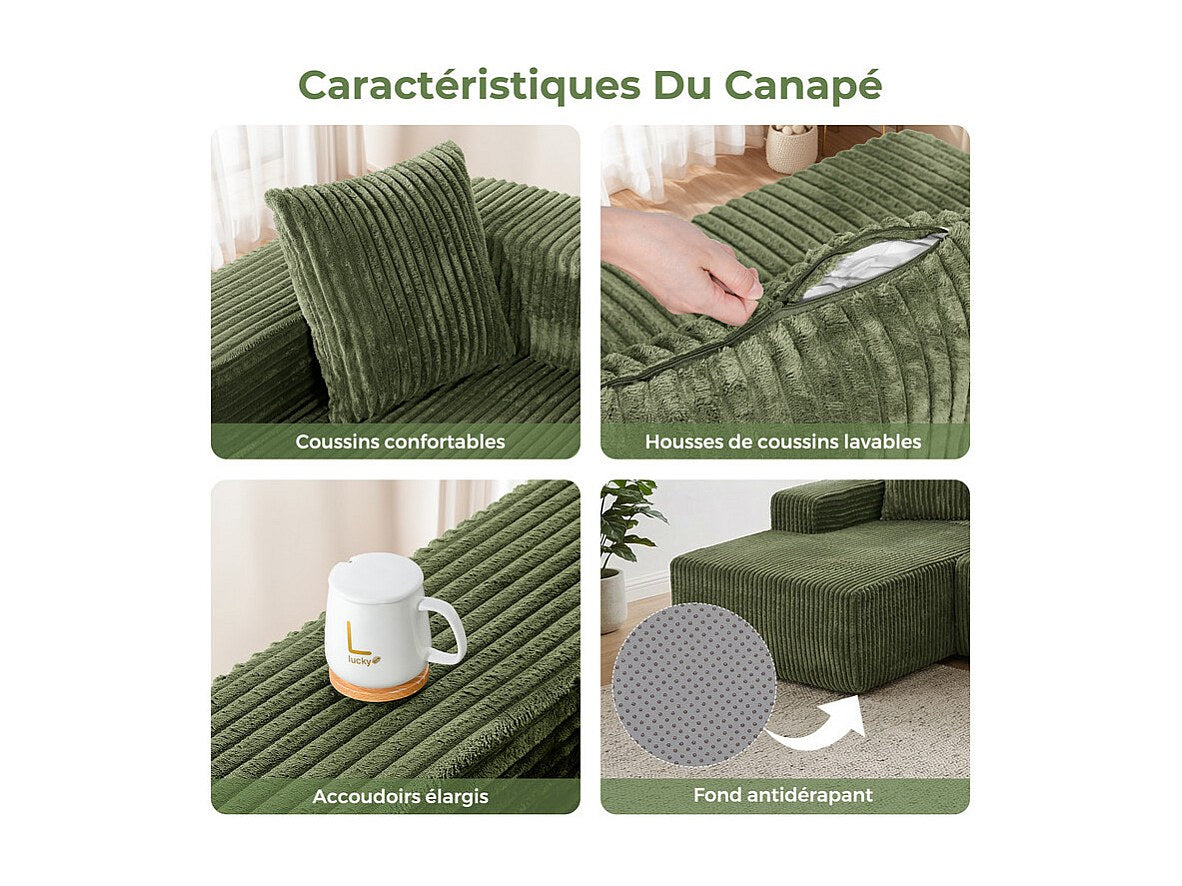Méridienne pour canapé modulable 3 places vert velours