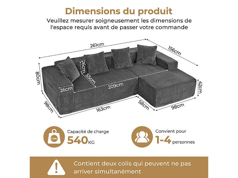 Méridienne pour canapé modulable 3 places gris velours