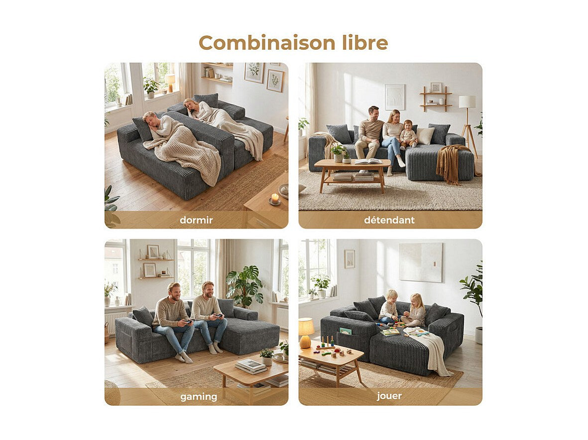 Méridienne pour canapé modulable 3 places gris velours