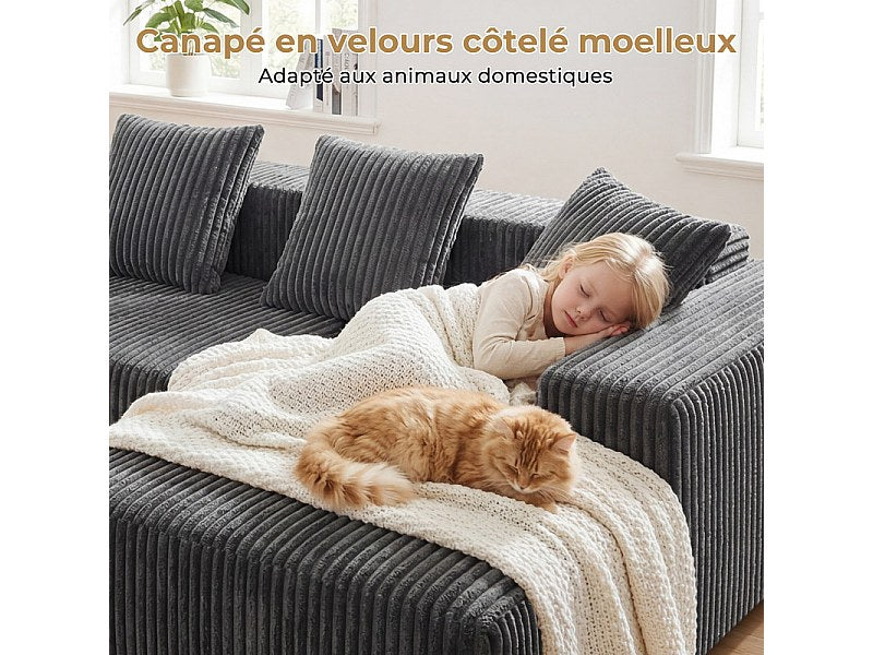 Méridienne pour canapé modulable 3 places gris velours