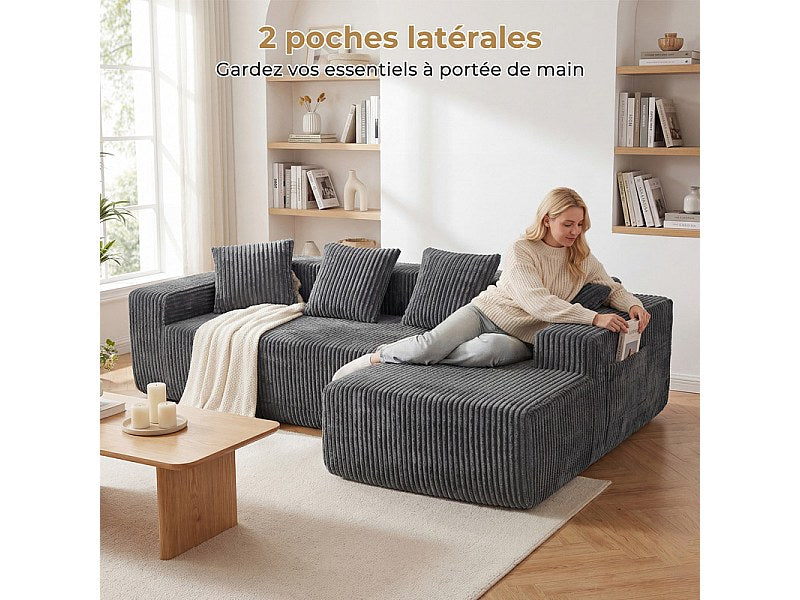 Méridienne pour canapé modulable 3 places gris velours