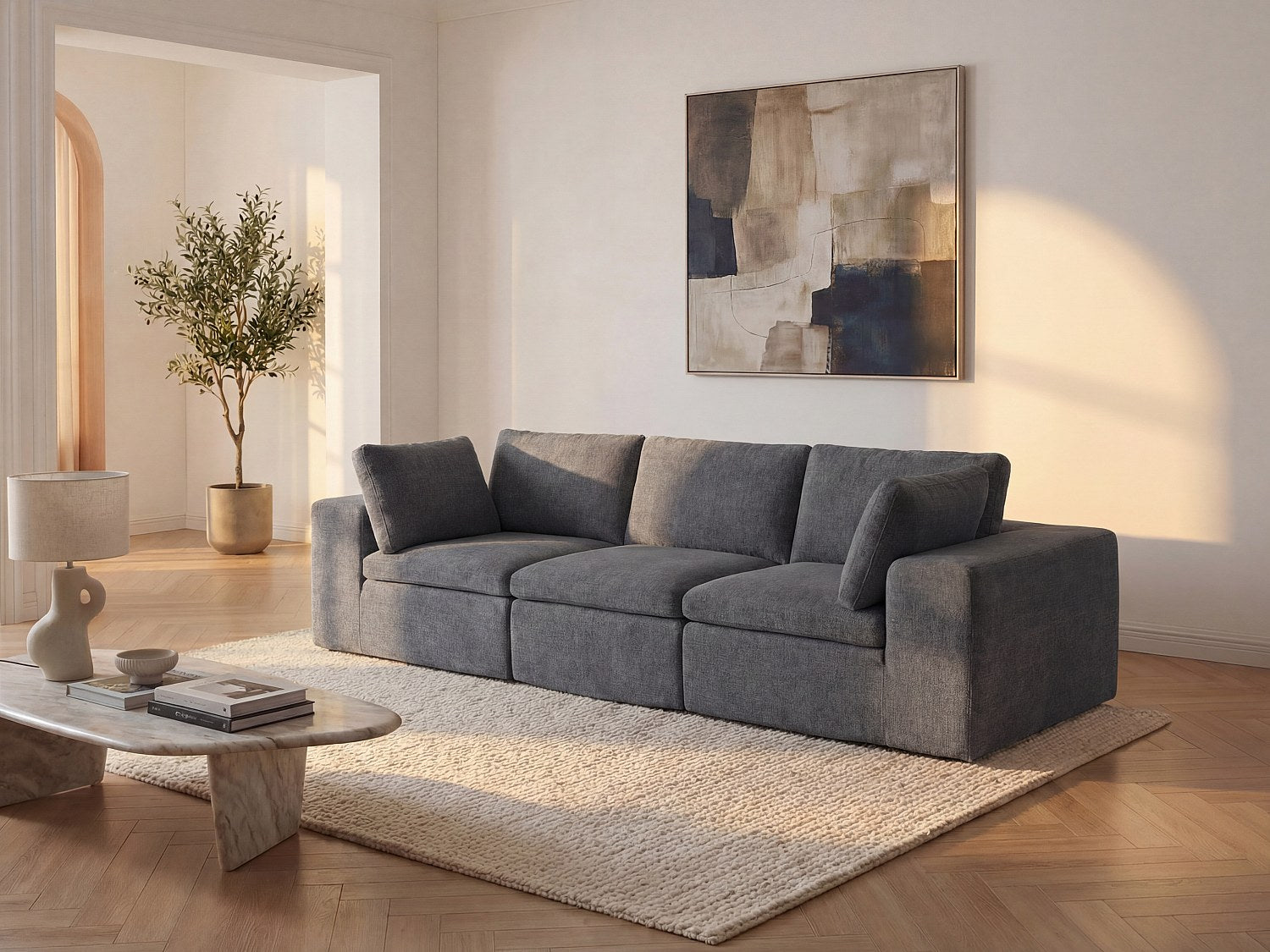 Canapé modulable 3 places gris tissu