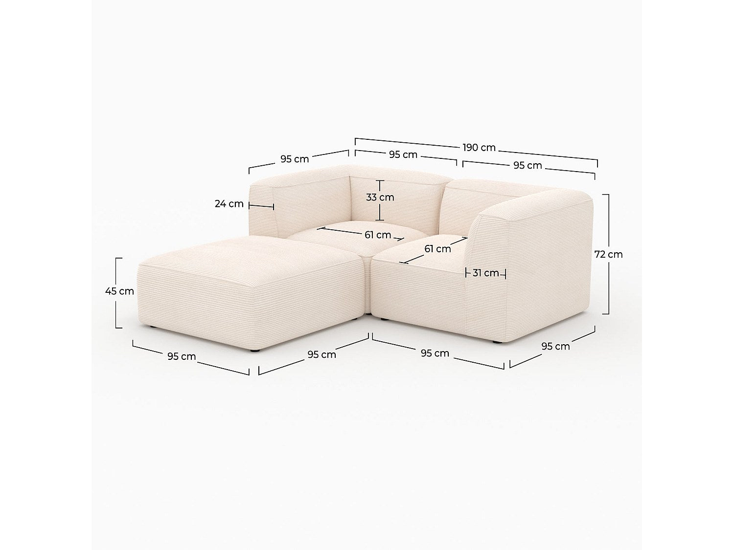 Pouf pour canapé modulable 2 places blanc velours - Mina