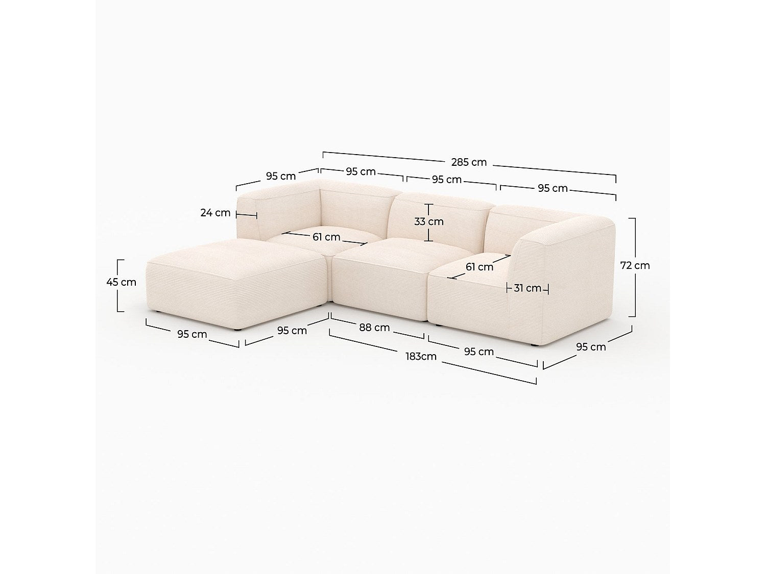 Pouf pour canapé modulable 3 places blanc velours - Mina