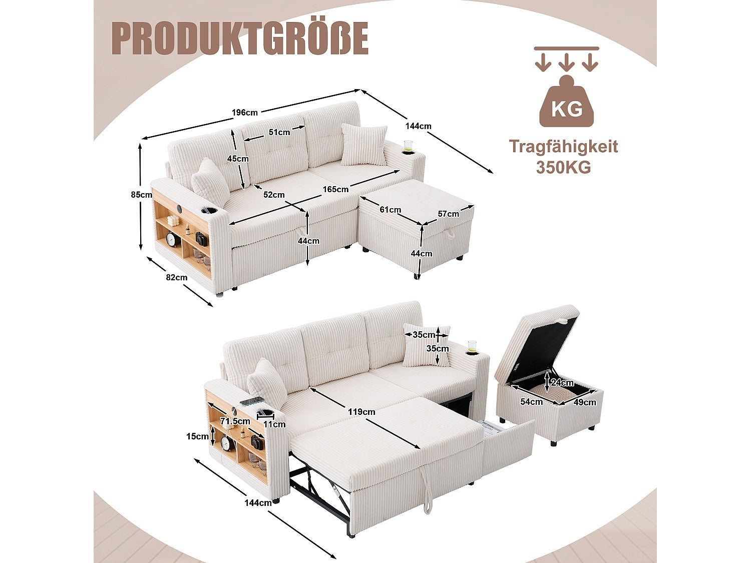 Angle pour canapé modulable convertible 3 places beige velours - Allurex