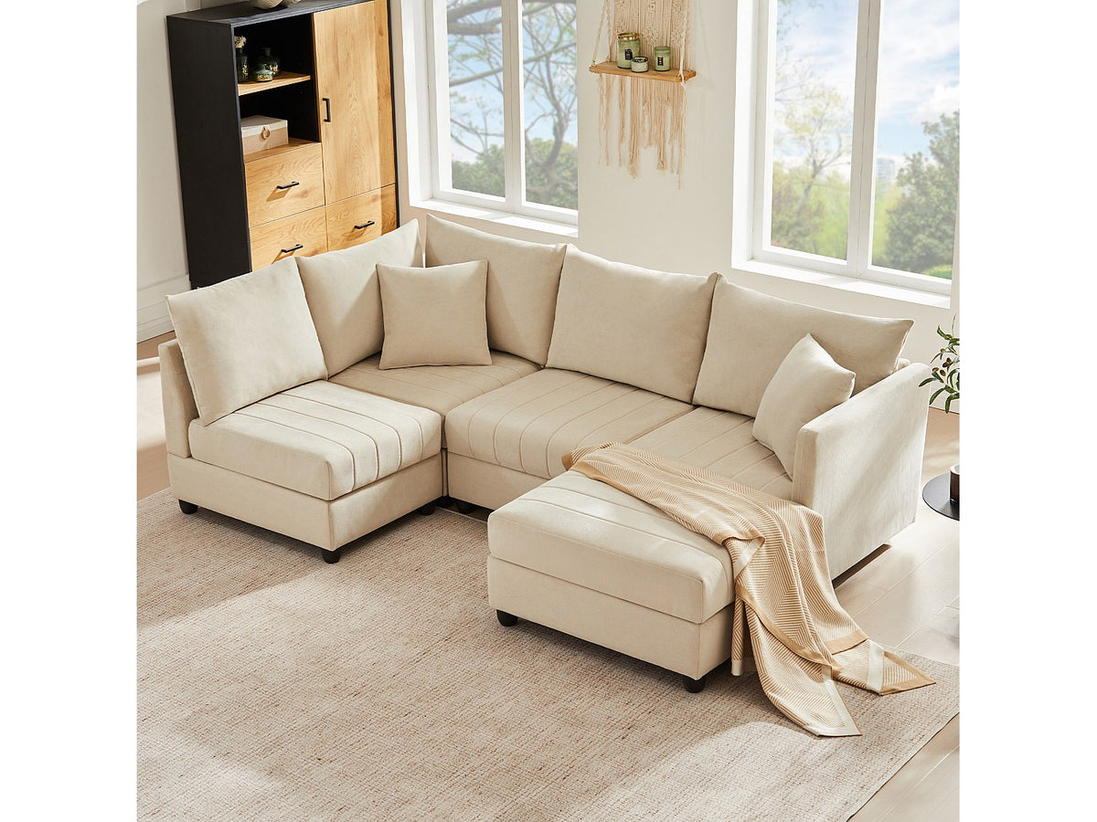 Canapé modulable convertible 5 places beige tissu