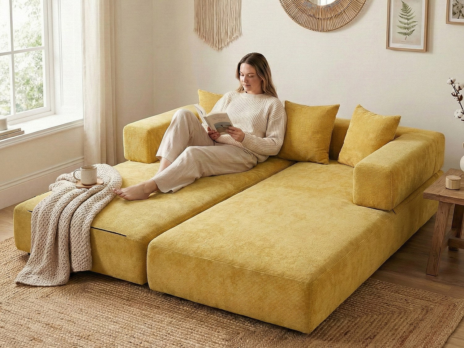 Canapé modulable convertible jaune velours