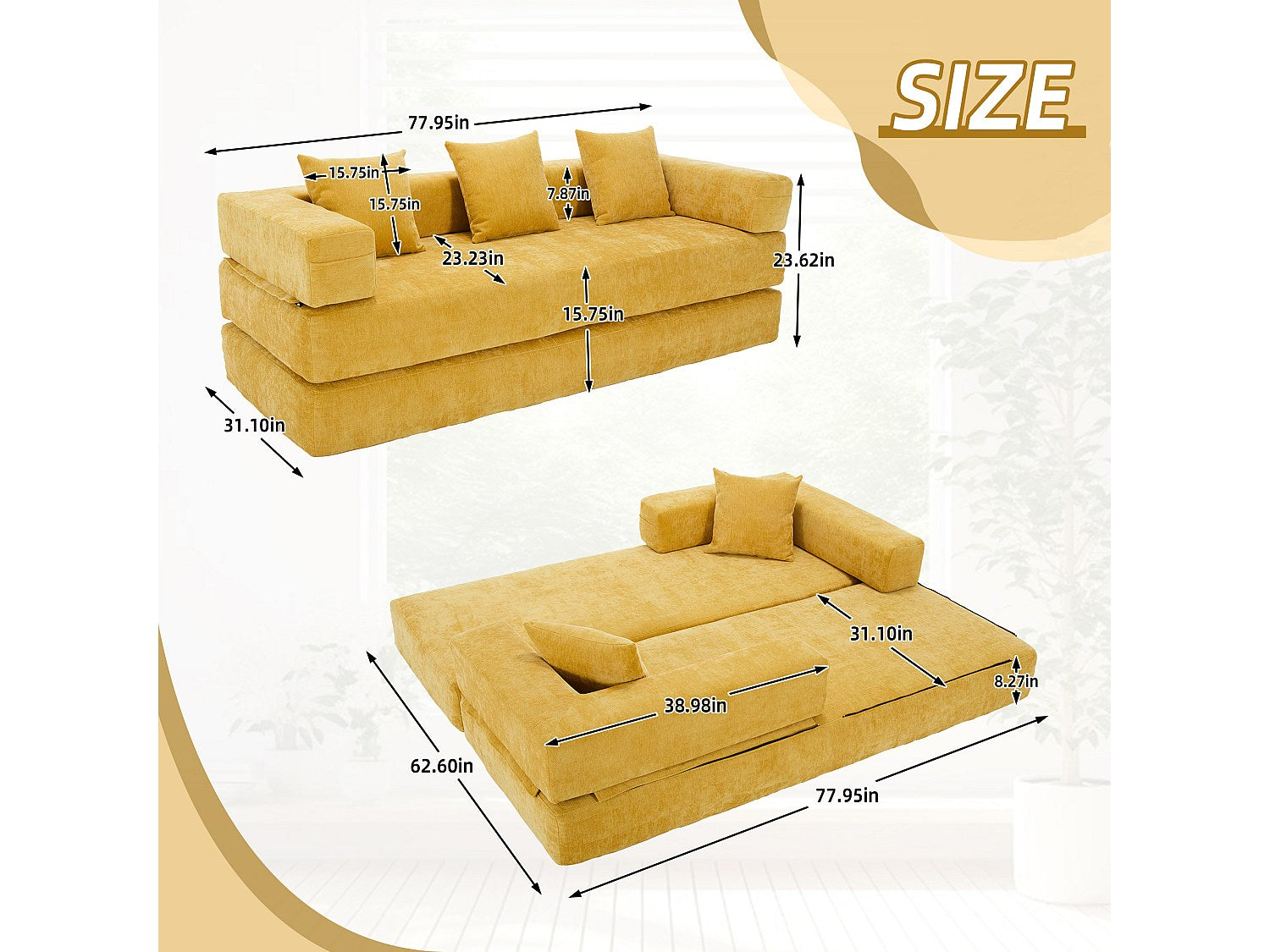 Canapé modulable convertible jaune velours