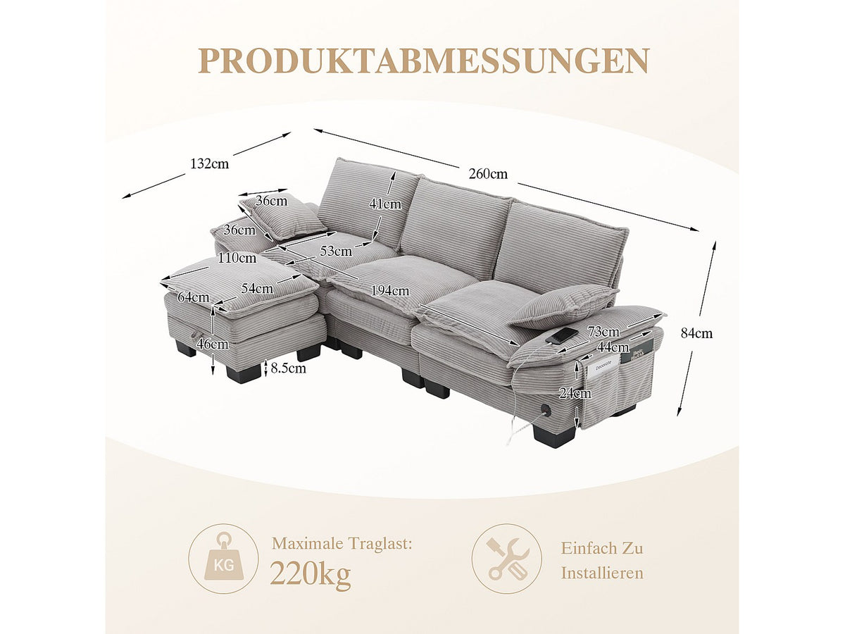 Pouf pour canapé modulable 3 places gris tissu