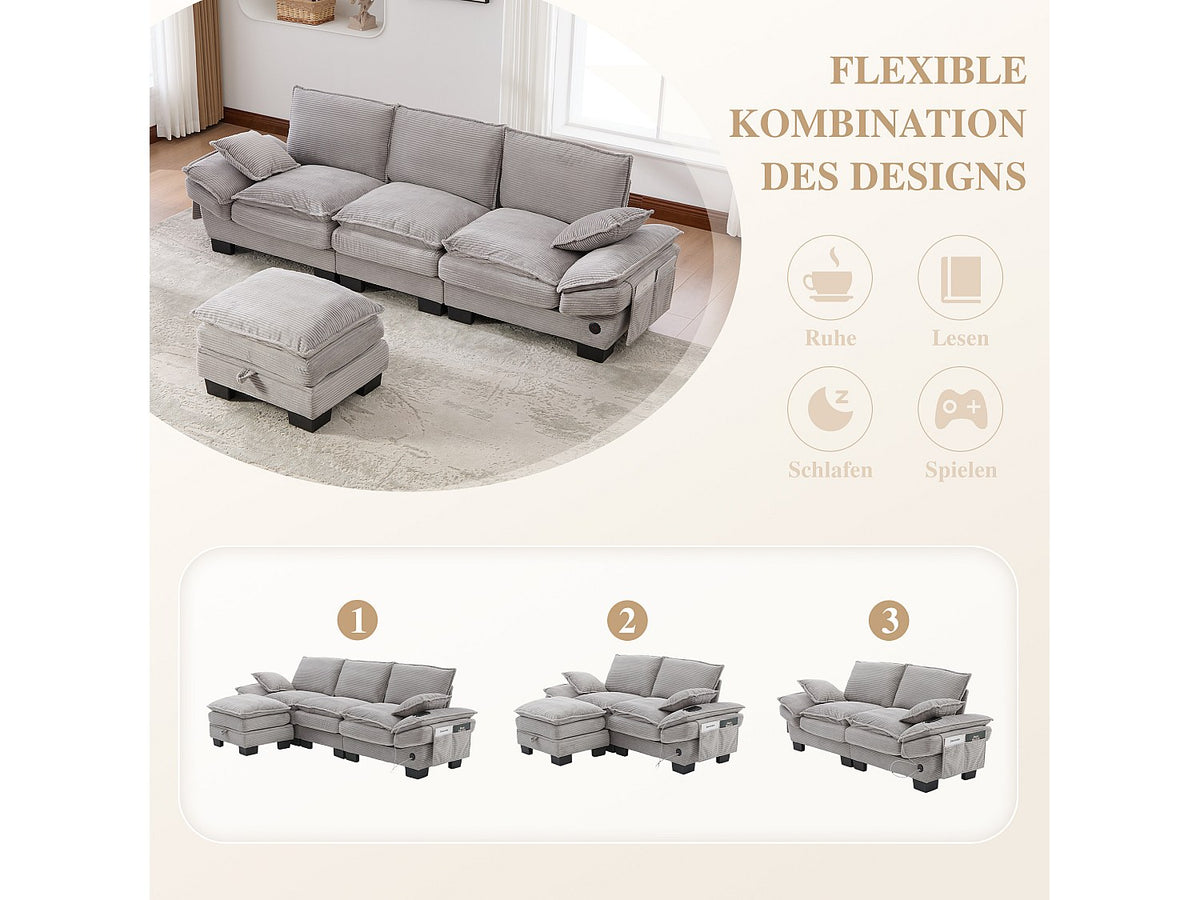 Pouf pour canapé modulable 3 places gris tissu
