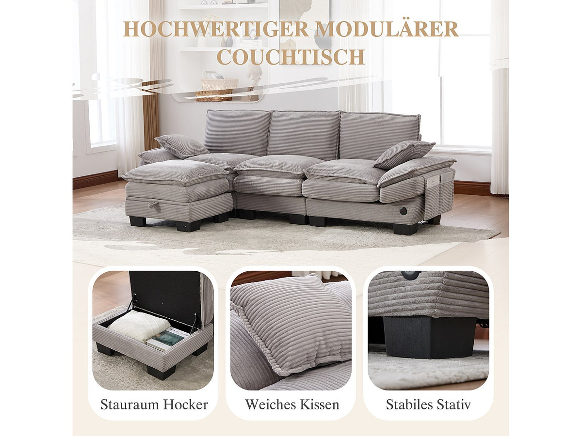 Pouf pour canapé modulable 3 places gris tissu