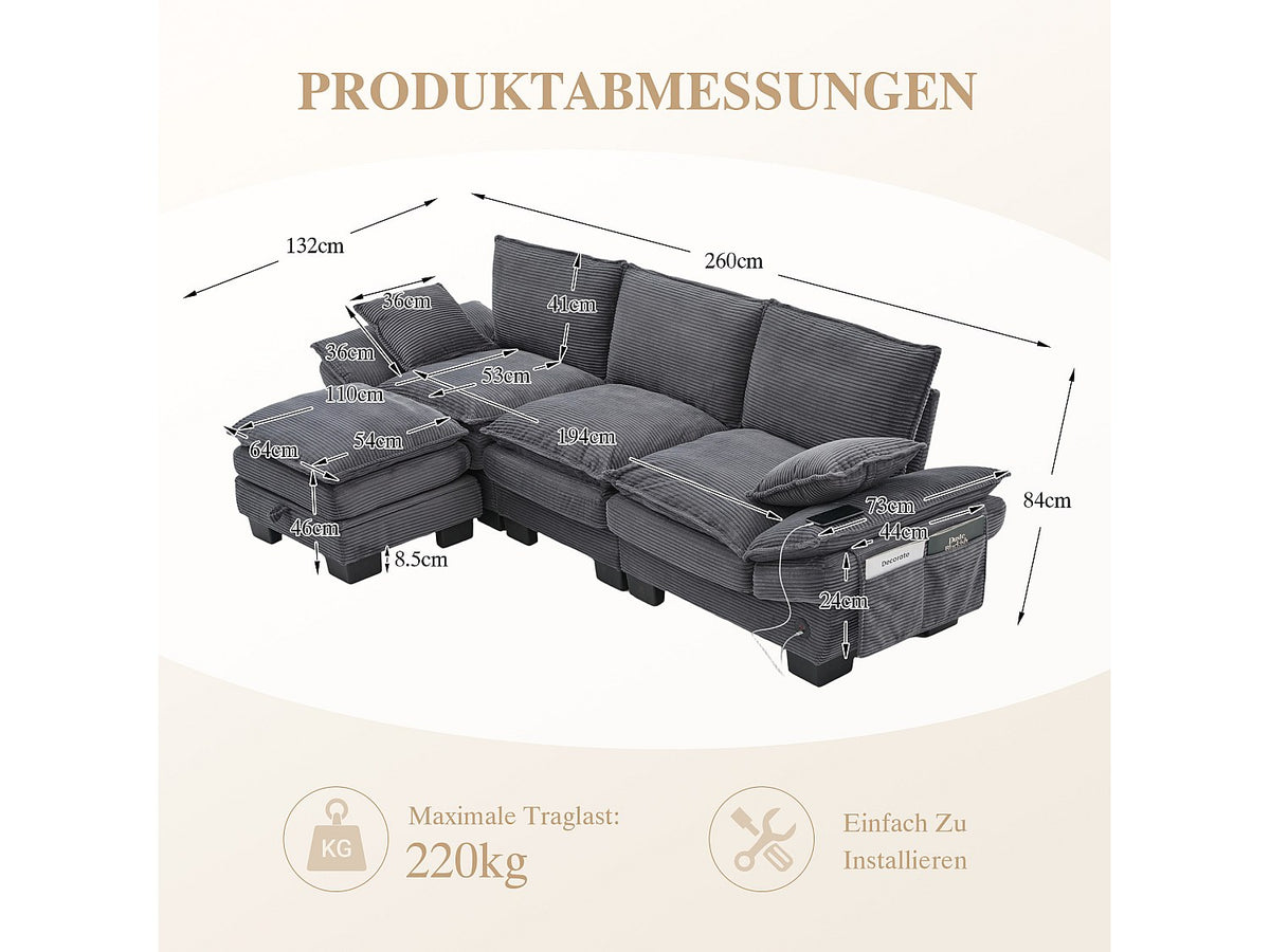 Pouf pour canapé modulable 3 places gris tissu