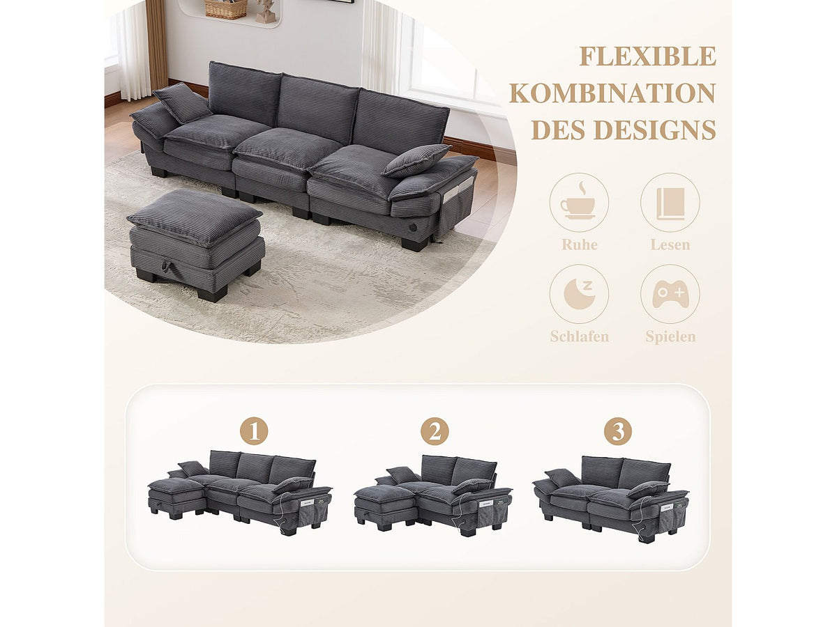Pouf pour canapé modulable 3 places gris tissu