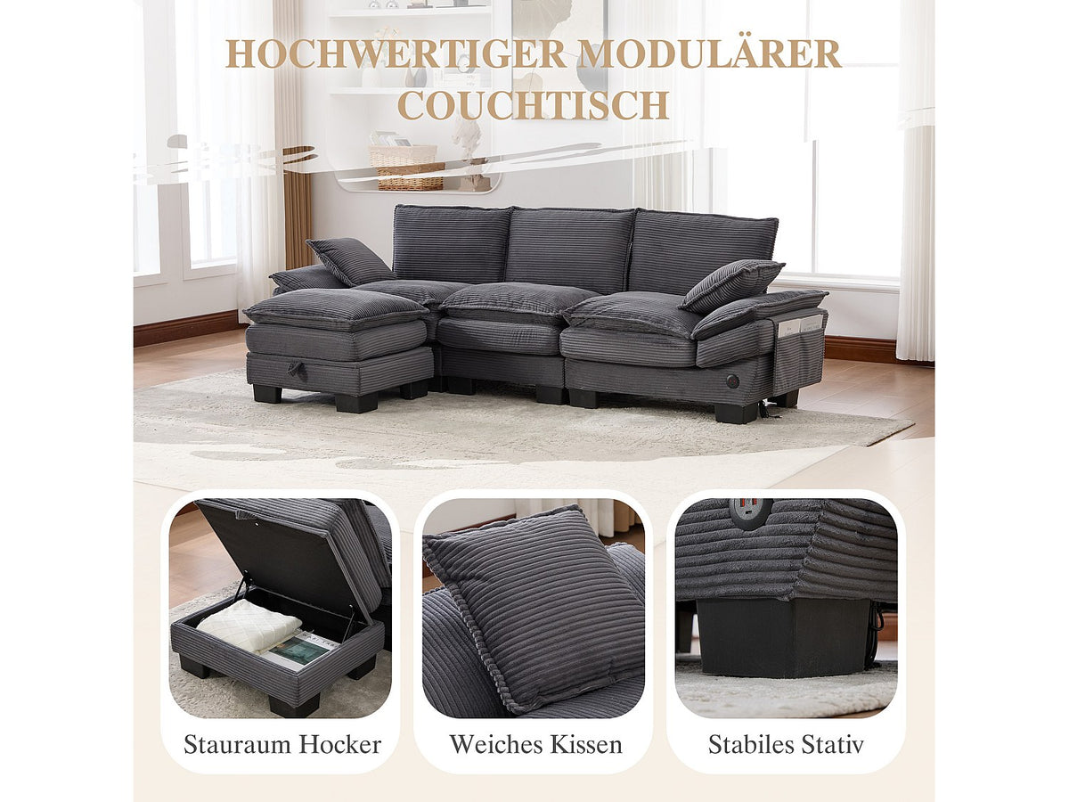 Pouf pour canapé modulable 3 places gris tissu