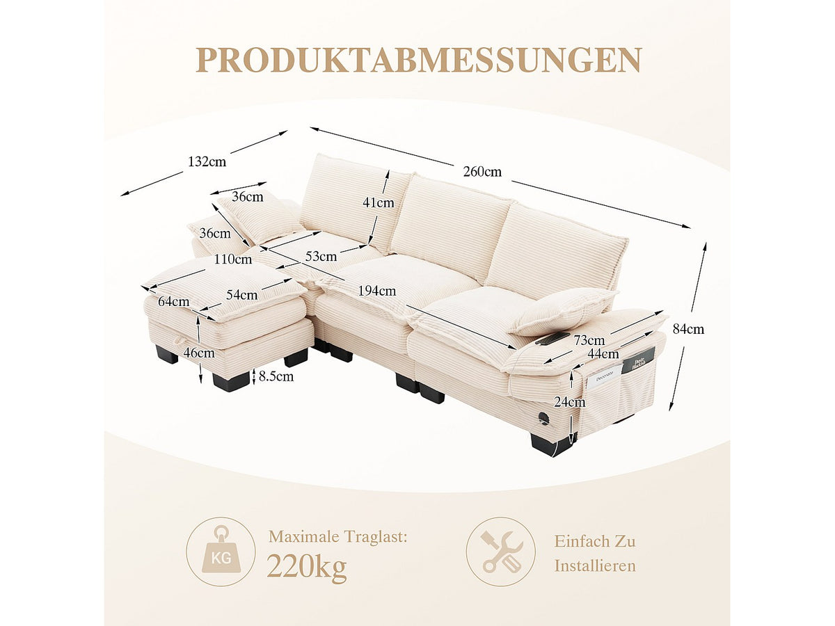 Pouf pour canapé modulable 3 places beige tissu