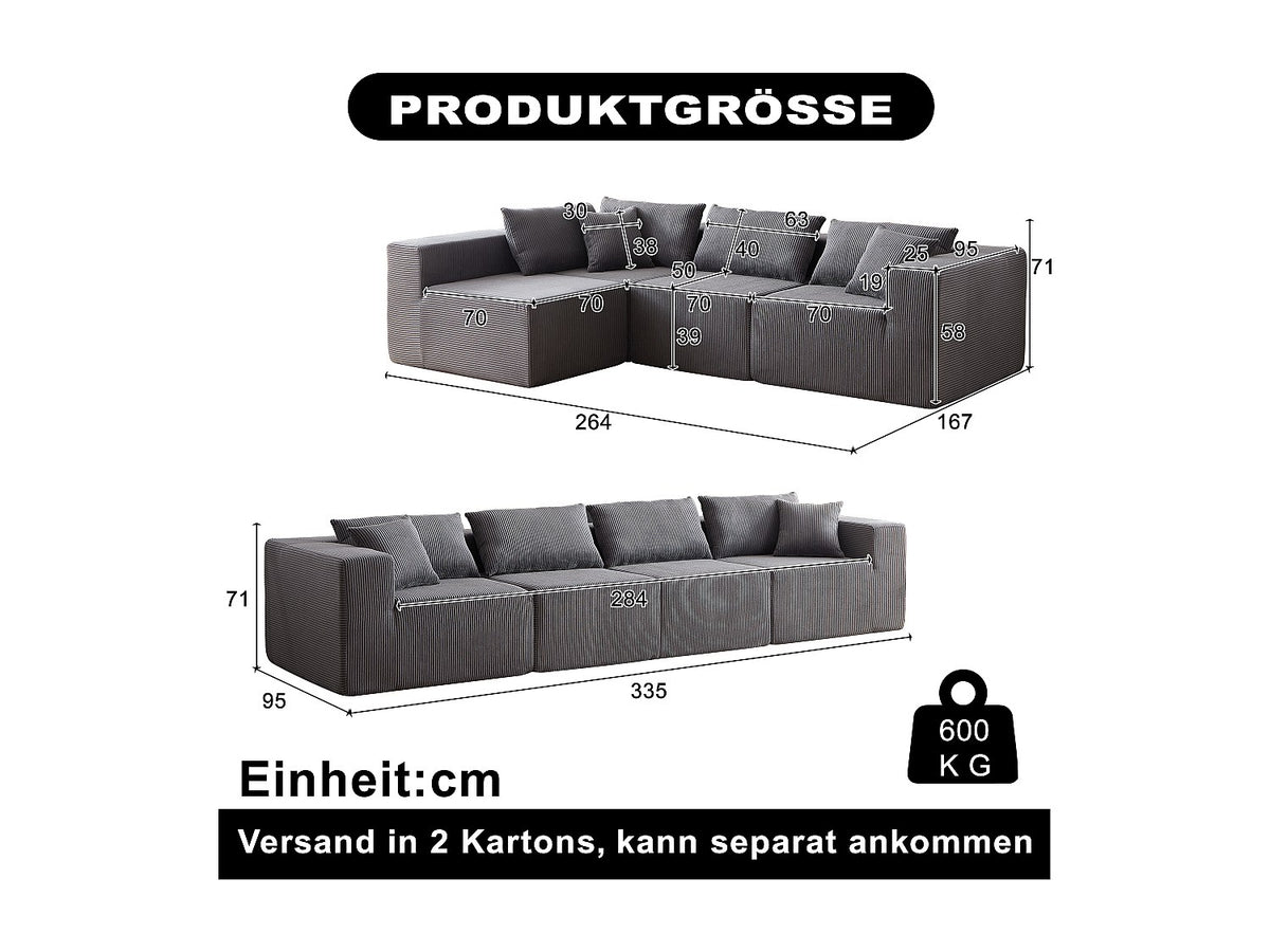 Angle pour canapé modulable 4 places gris tissu