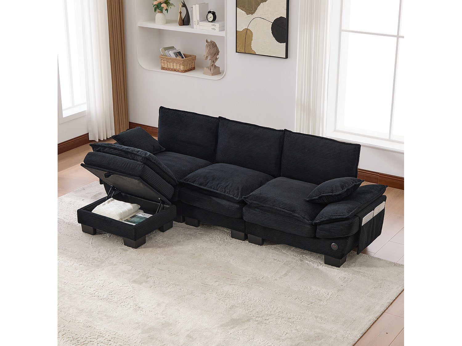 Pouf pour canapé modulable 3 places noir tissu