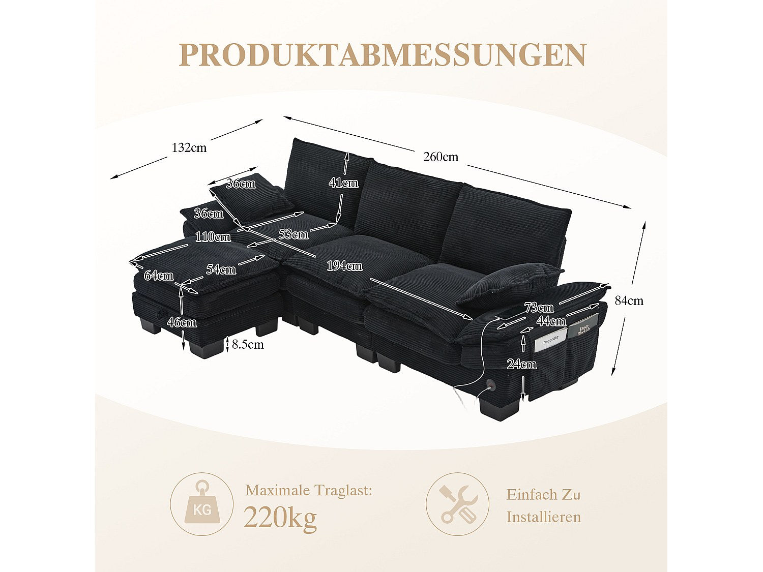 Pouf pour canapé modulable 3 places noir tissu