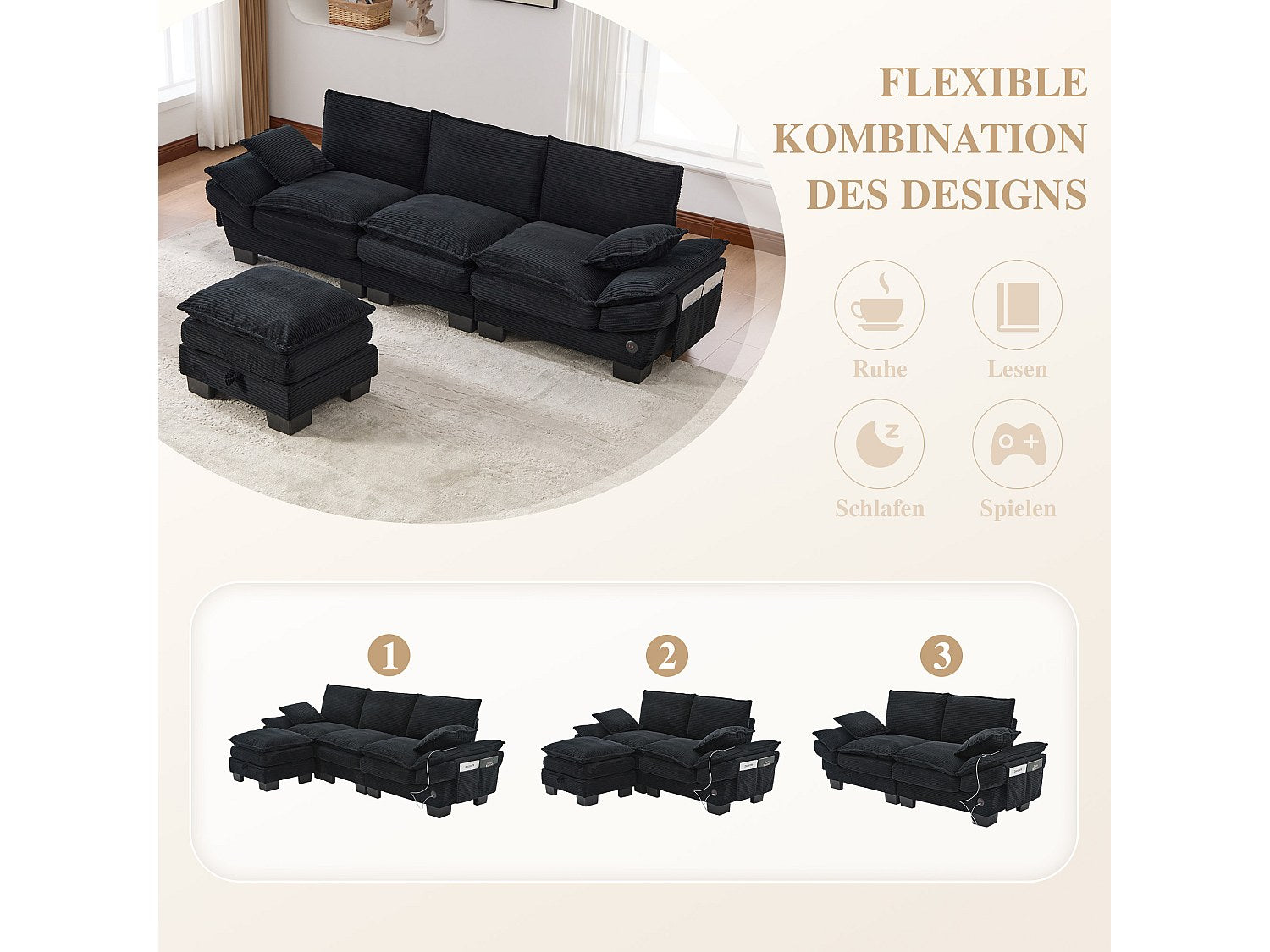 Pouf pour canapé modulable 3 places noir tissu