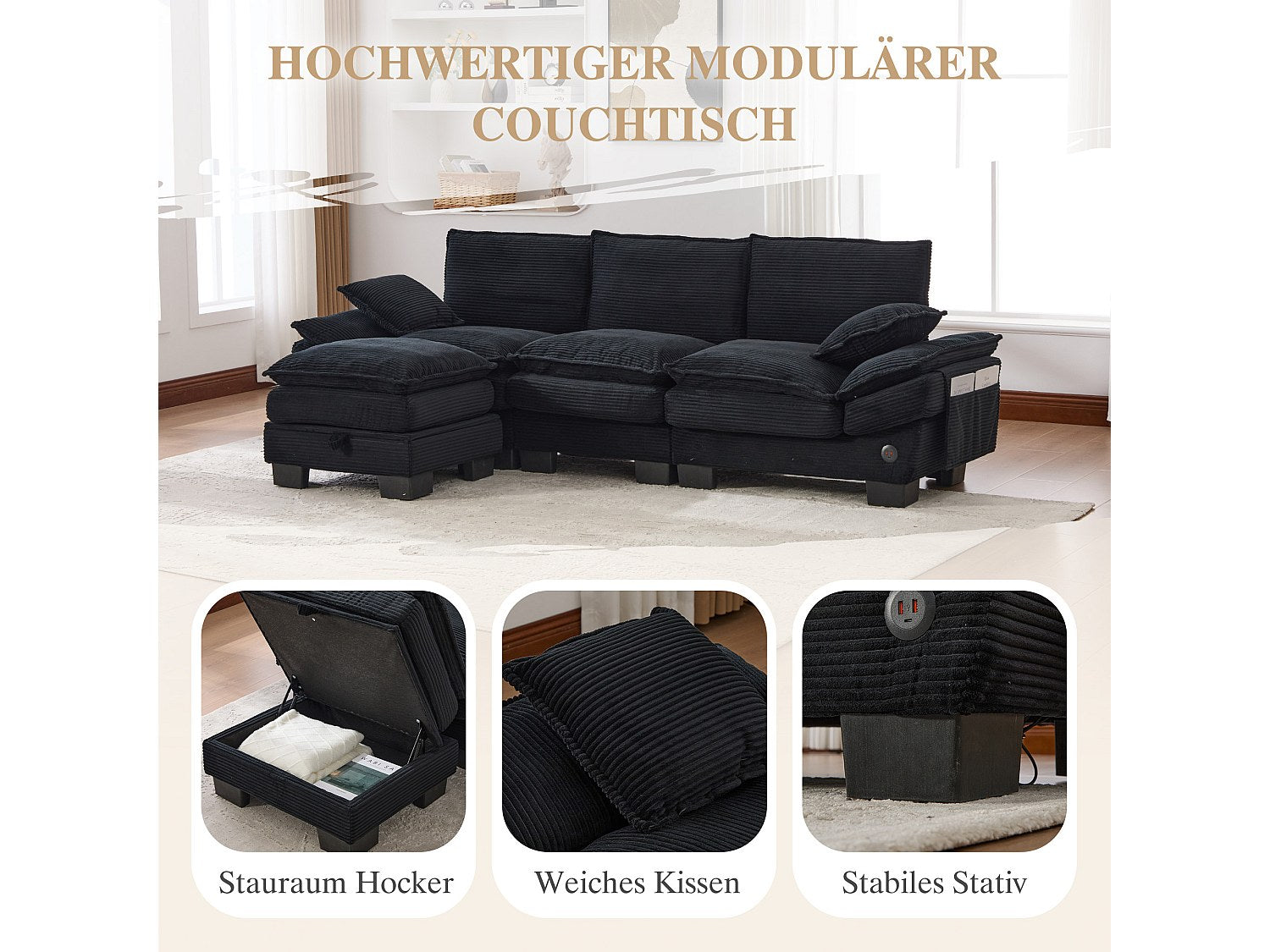 Pouf pour canapé modulable 3 places noir tissu