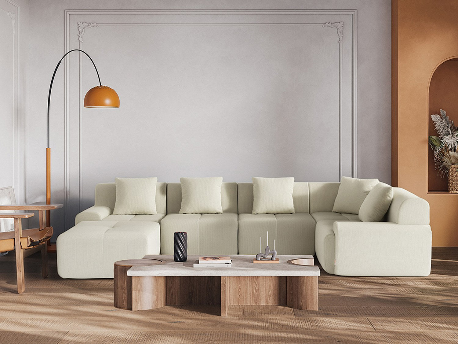 Méridienne pour canapé modulable 5 places beige tissu