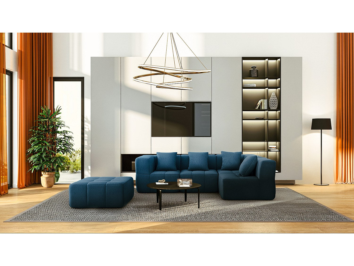 Méridienne pour canapé modulable 4 places bleu tissu