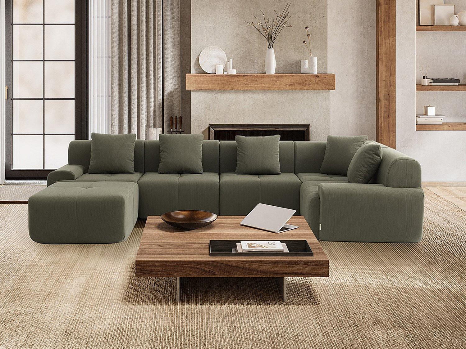 Méridienne pour canapé modulable 5 places vert tissu