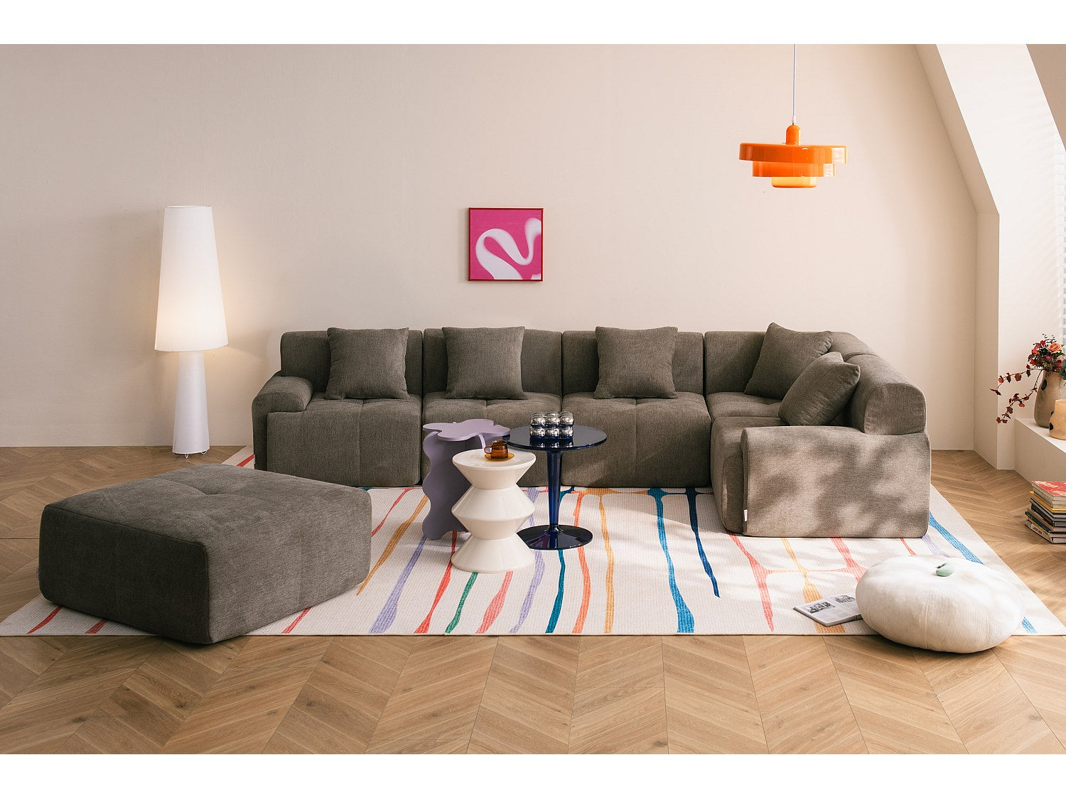Méridienne pour canapé modulable 5 places marron tissu