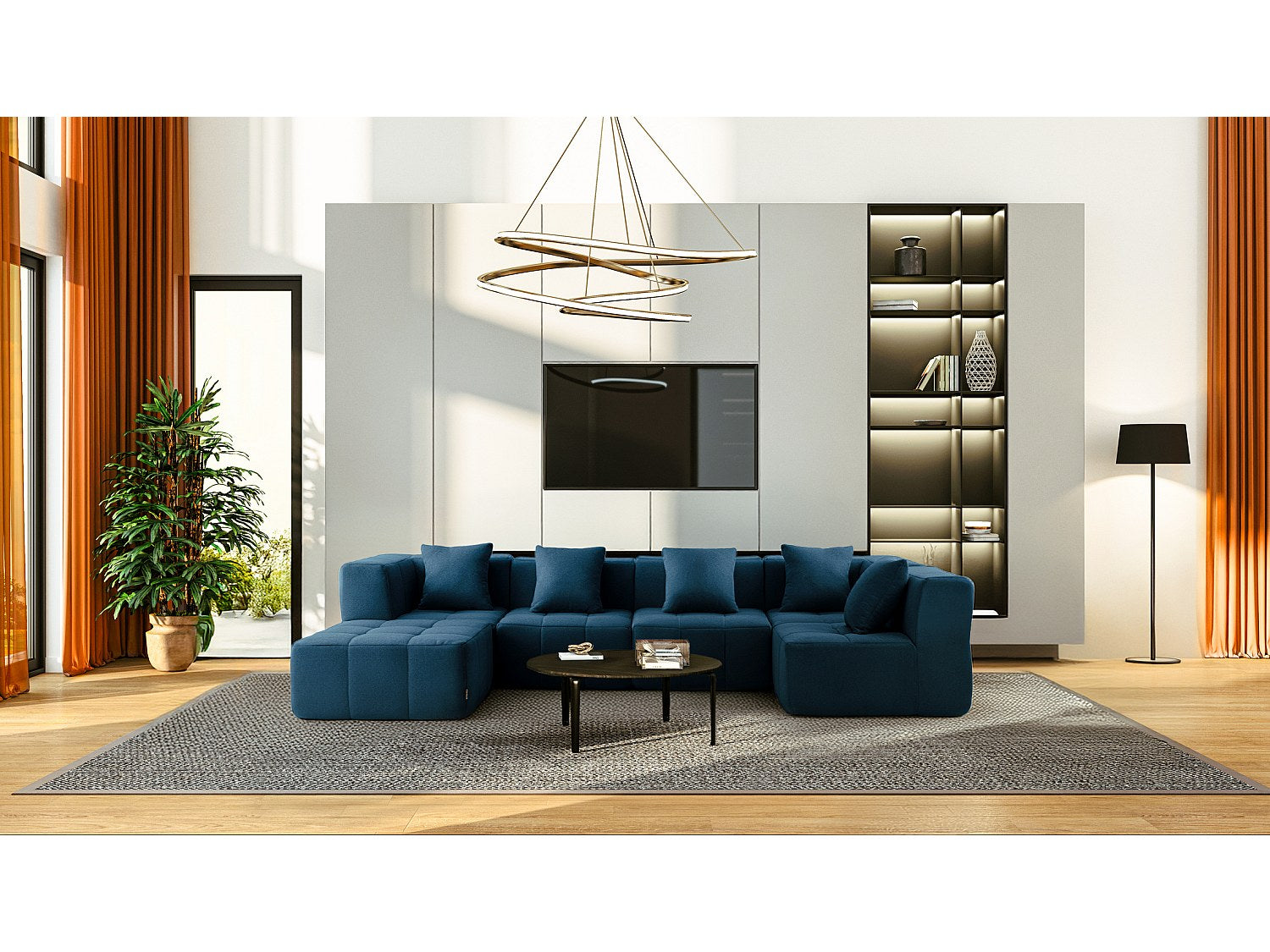 Méridienne pour canapé modulable 5 places bleu tissu