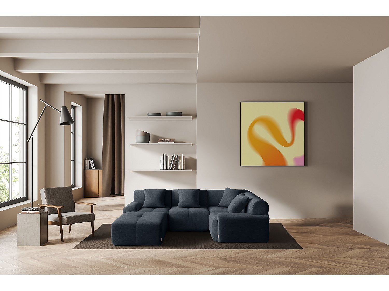 Méridienne pour canapé modulable 4 places bleu tissu