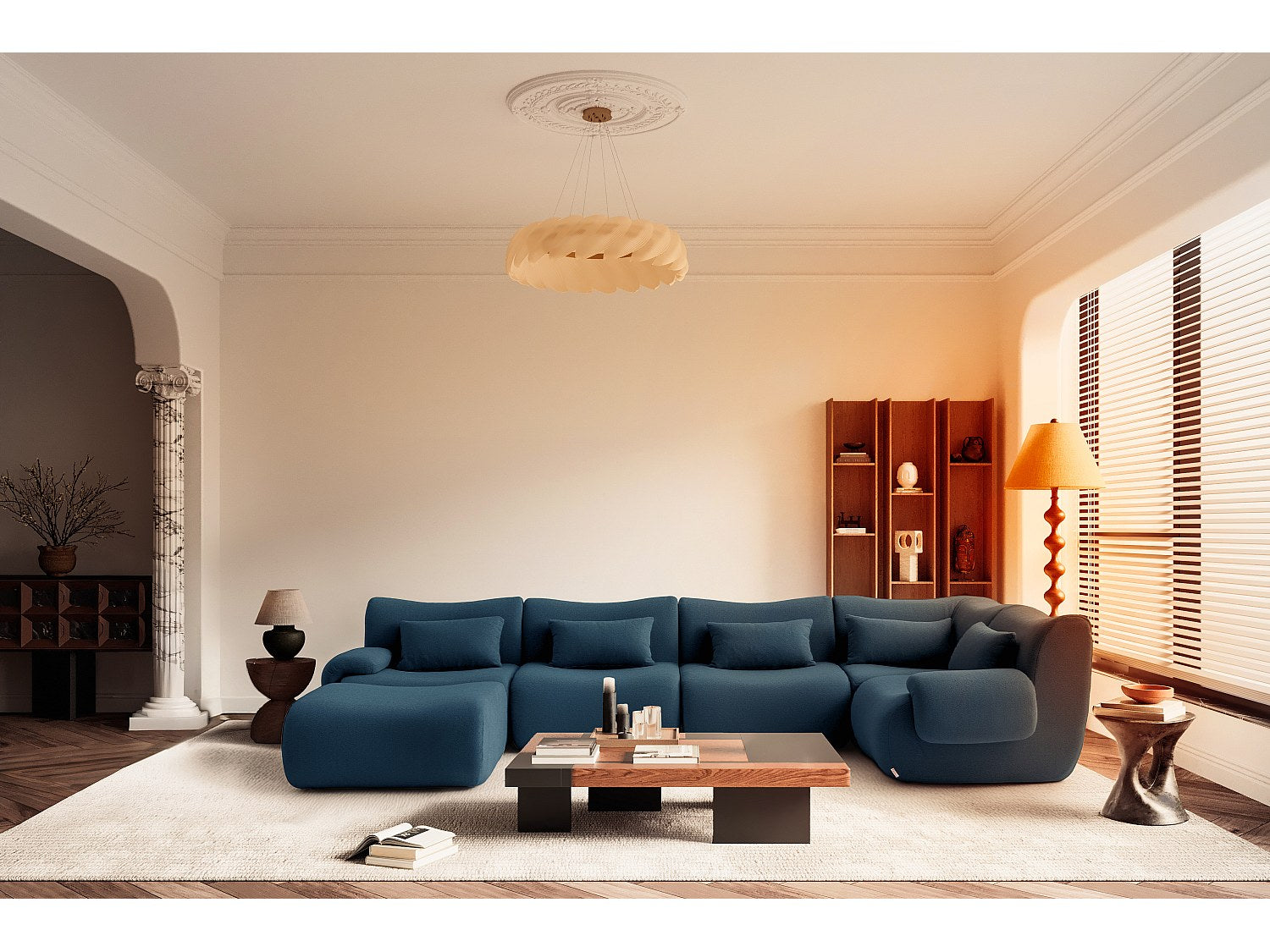Méridienne pour canapé modulable 5 places bleu tissu