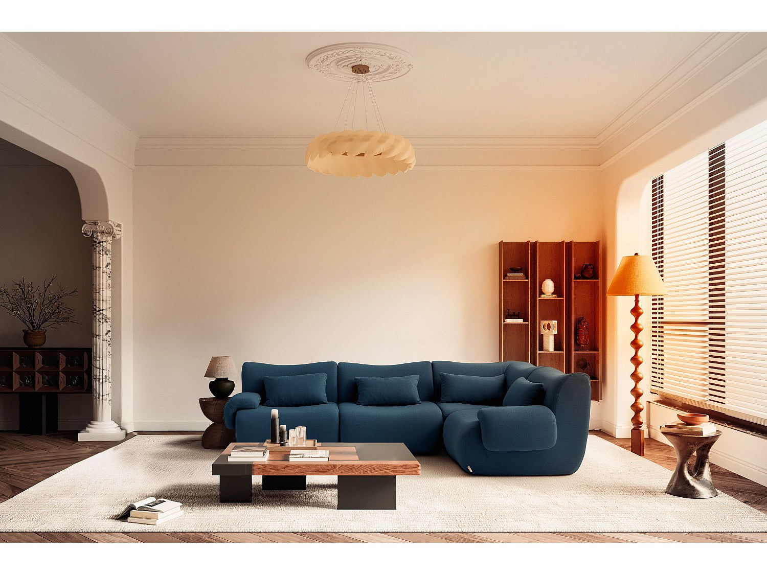 Canapé modulable 4 places bleu tissu