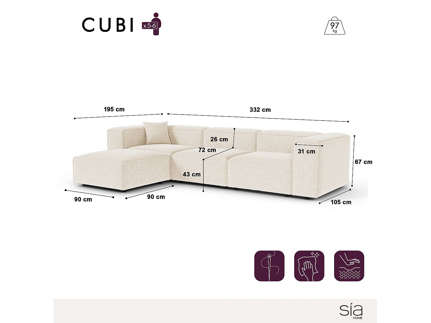 Angle pour canapé modulable 6 places beige velours