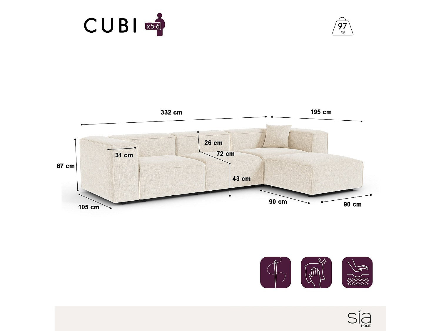 Angle pour canapé modulable 6 places beige velours