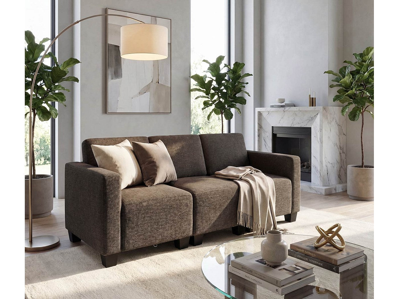 Canapé modulable 3 places marron tissu