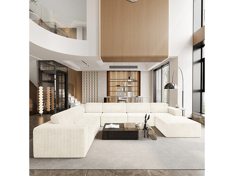 Canapé modulable panoramique beige en velours côtelé - vue d'ensemble