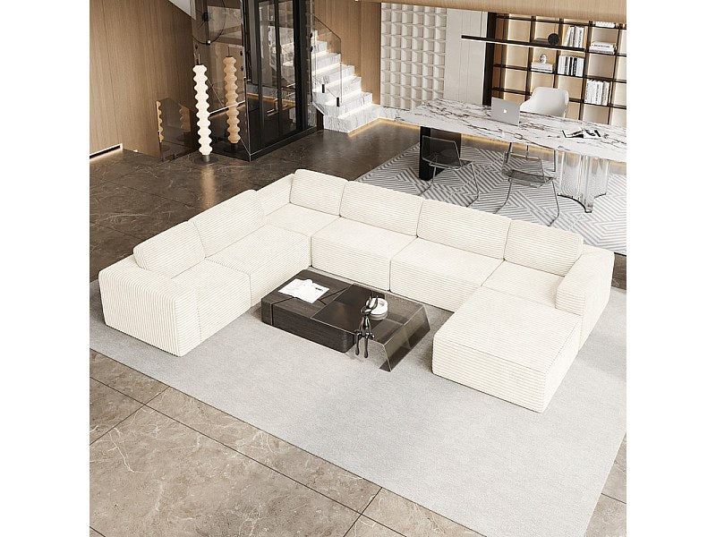 Canapé modulable panoramique beige en velours côtelé - détail assise