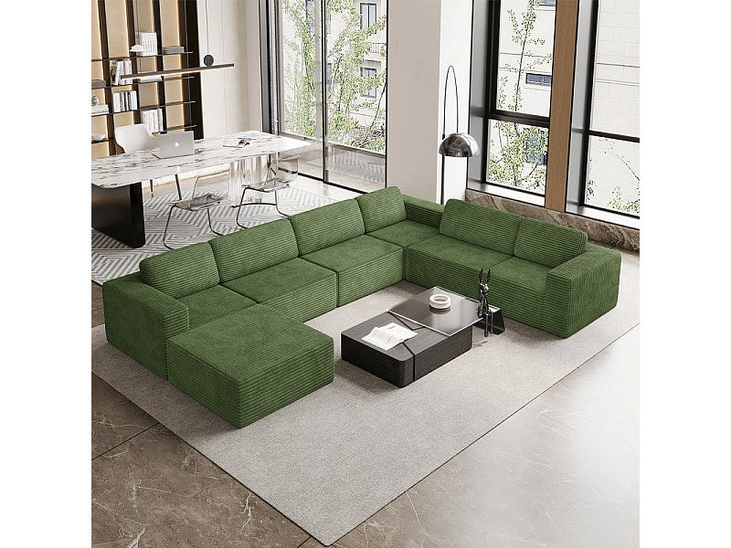 Canapé modulable panoramique vert en velours côtelé - détail assise