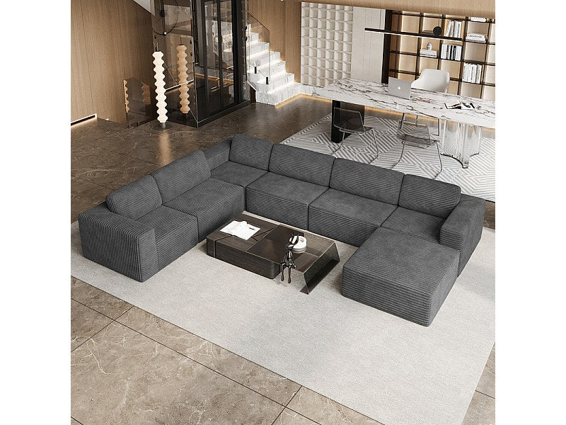 Canapé modulable panoramique gris en velours côtelé - détail assise