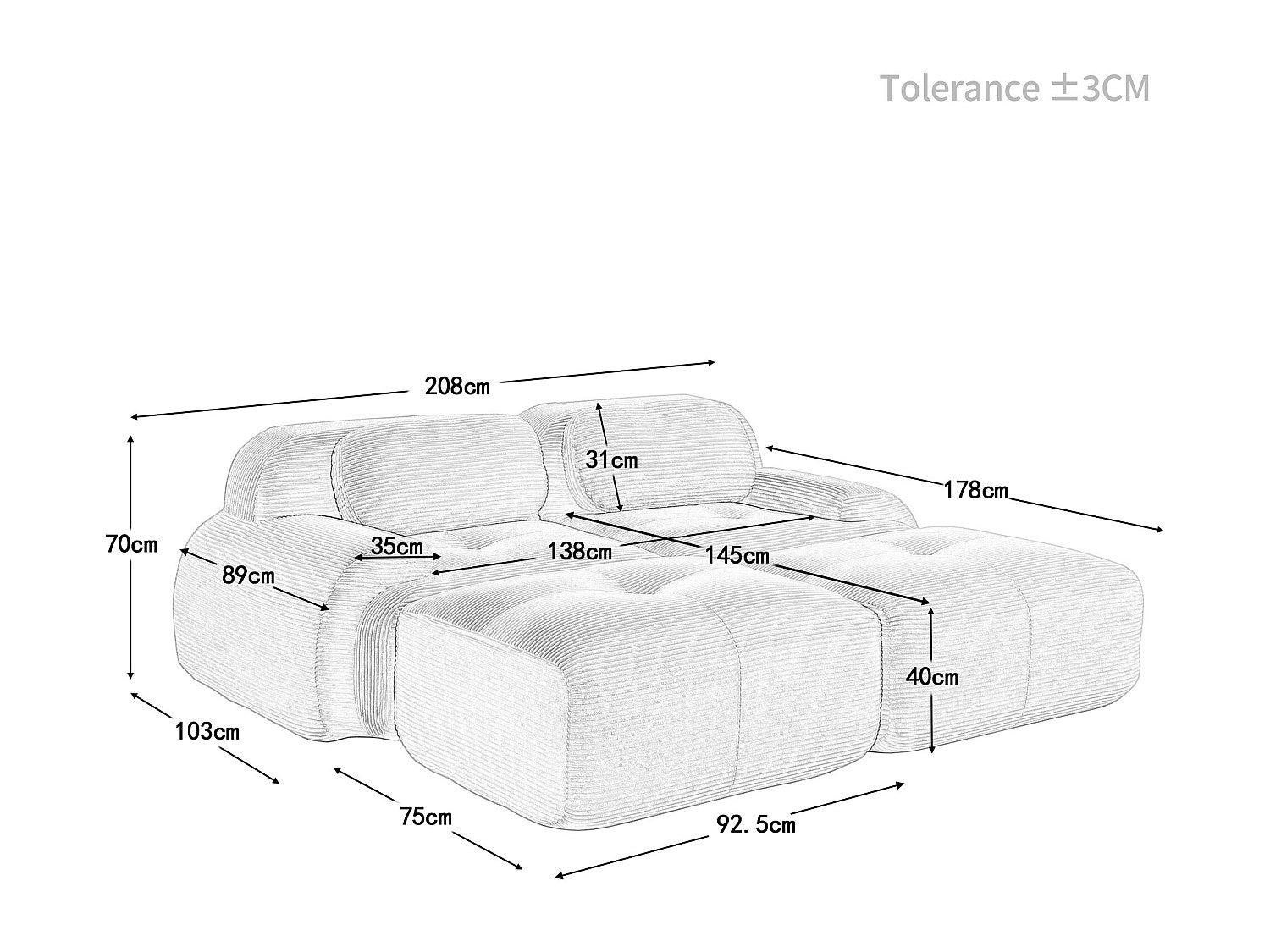 Méridienne pour canapé modulable 2 places beige velours
