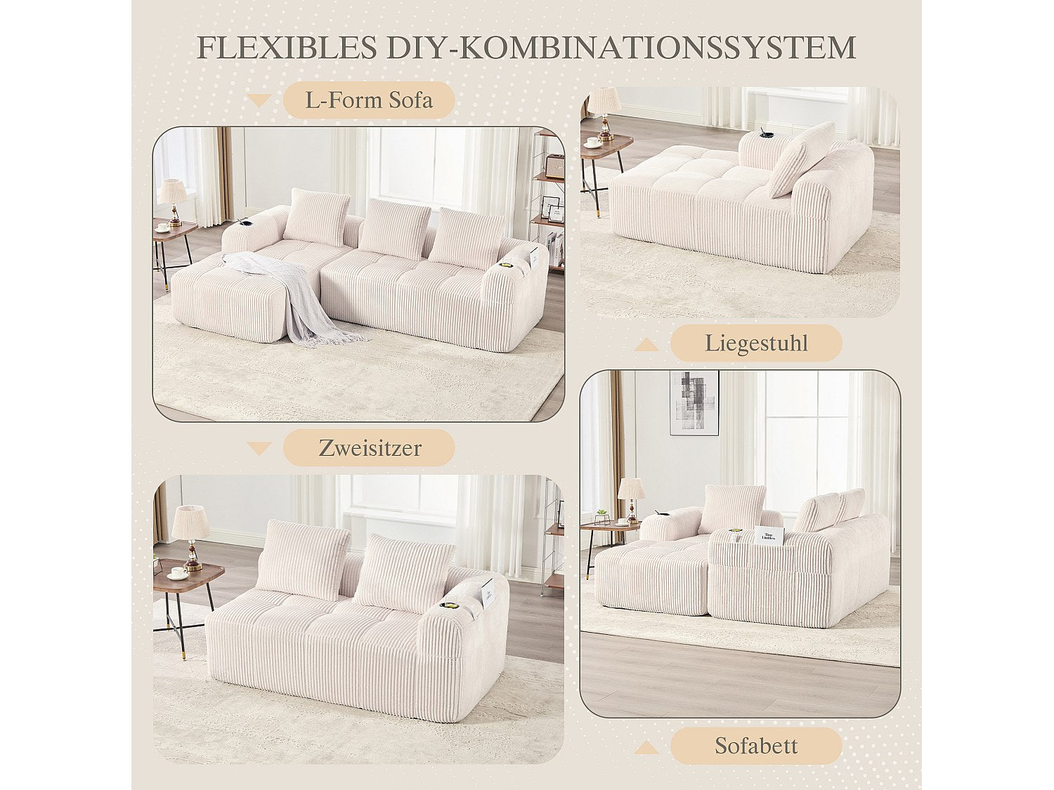 Canapé modulable beige velours