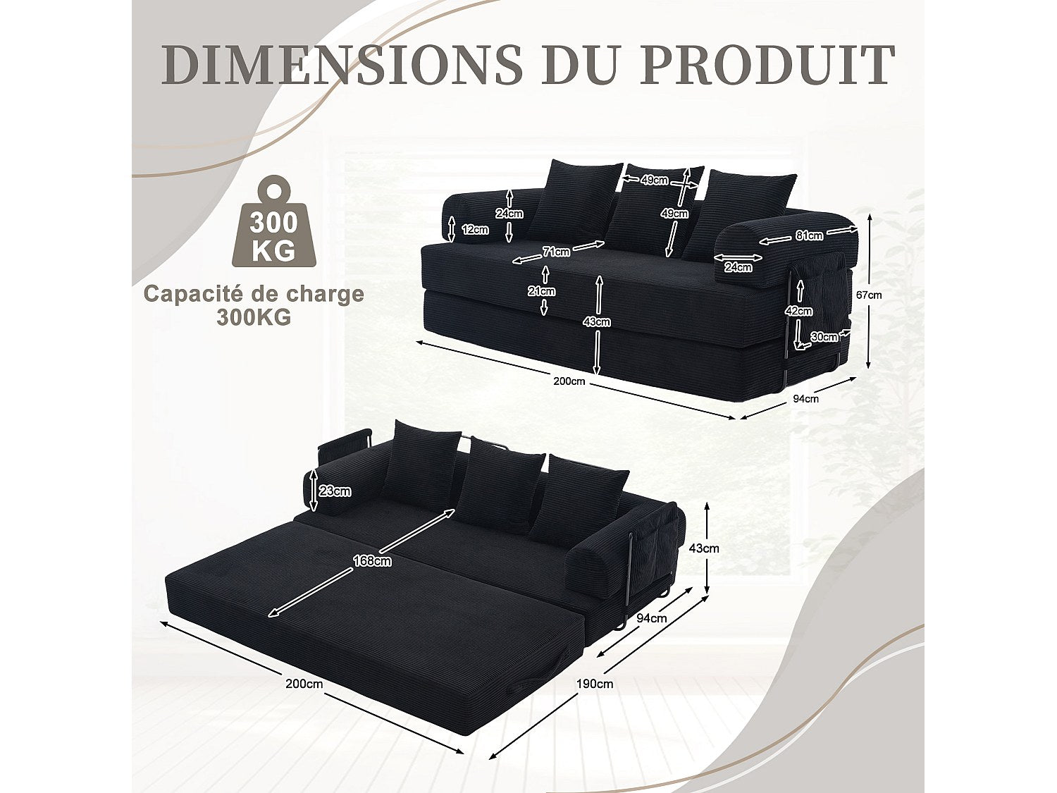 Canapé modulable noir tissu
