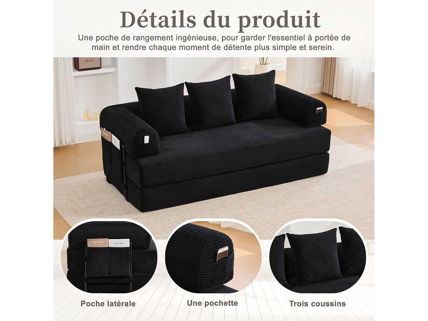 Canapé modulable noir tissu