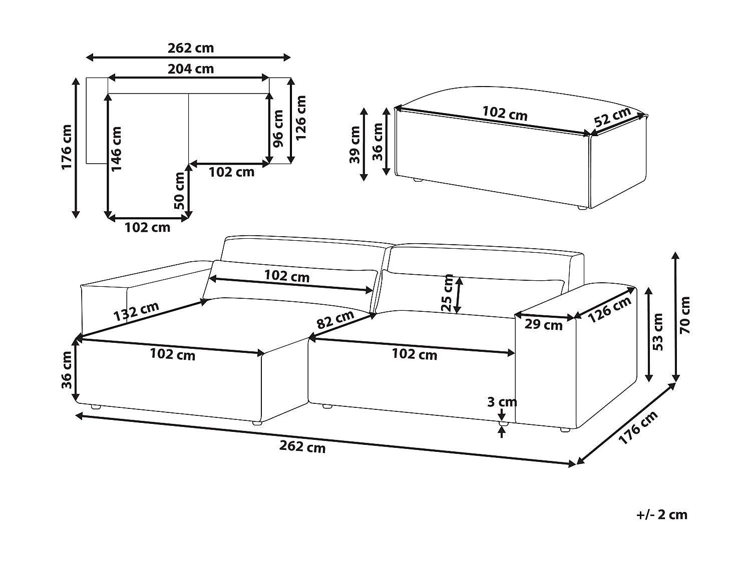 Angle pour canapé modulable 2 places gris tissu
