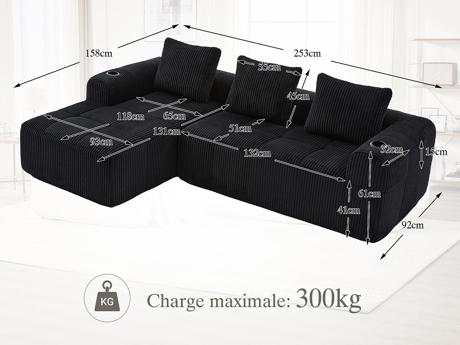 Méridienne pour canapé modulable 2 places noir velours
