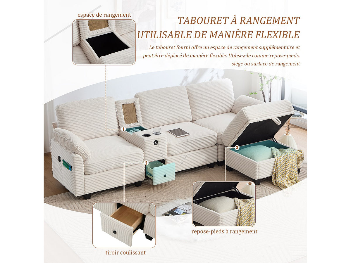 Canapé modulable 4 places beige tissu